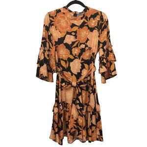 Floral Dark Cottagecore Ruffle 3/4 Sleeve Whimsy Goth Belted Feminine Dress S